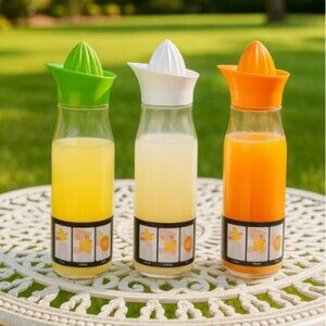 Lot of 3 b/h collection squeeze & pour glass carafe w/ juicer Lid 26.5 o…